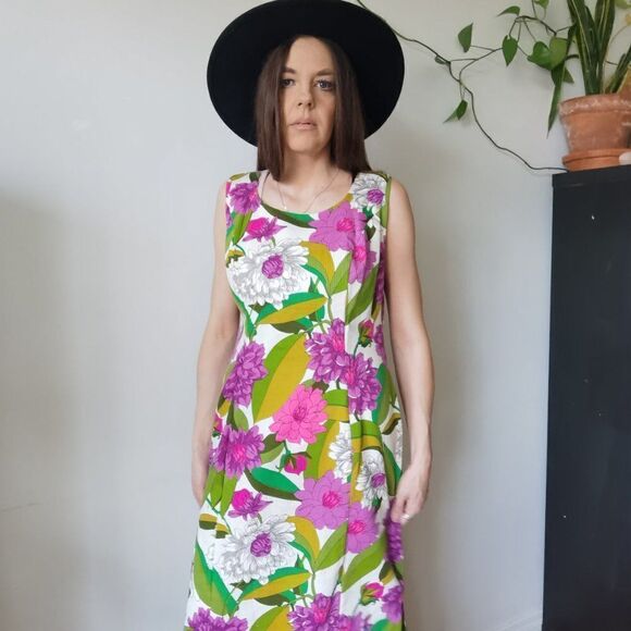 Vibrant Floral Slit Side Tropical Print Vintage Maxi Dress 70s 60s Vintage Peony - Picture 3 of 10